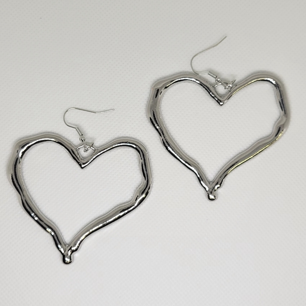 Silver Tone Heart 2.25" Earrings